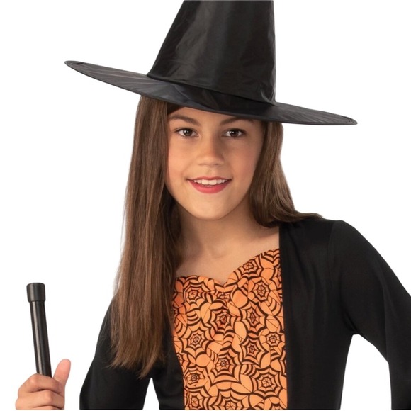 Girls Witch Costume Dress Hat Broom Halloween Spiderweb Black Orange Large‎ - Picture 2 of 10